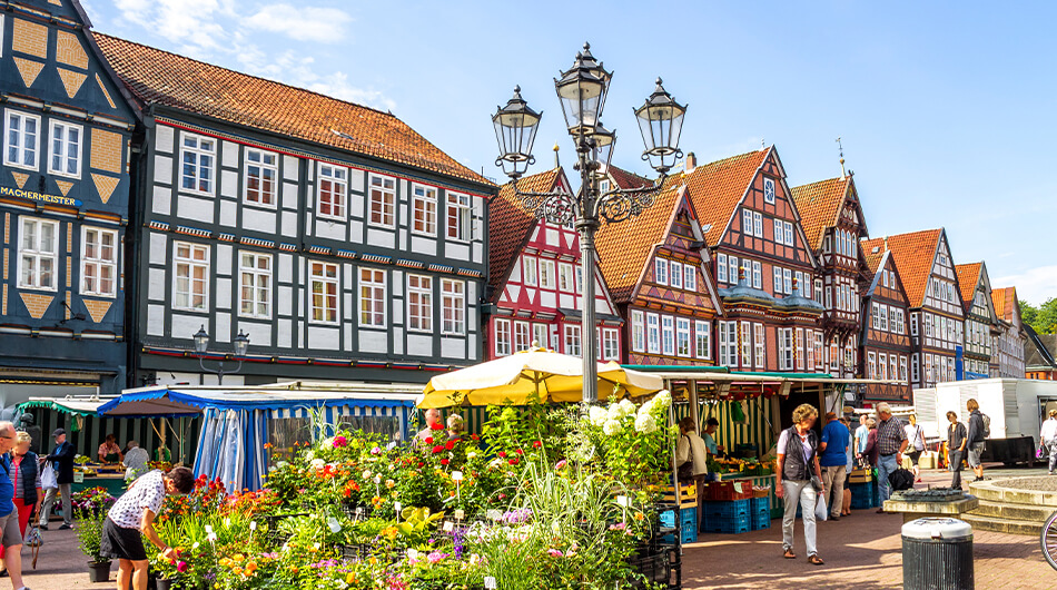 Der Wochenmarkt in der Celler Innenstadt an einem sonnigen Sommertag